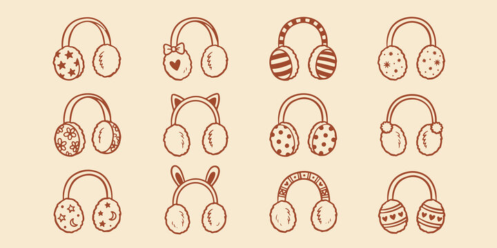 Cute winter earmuffs collection line art graphics with earmuffs accessories clothing illustration collection protection headband seasonal wintertime