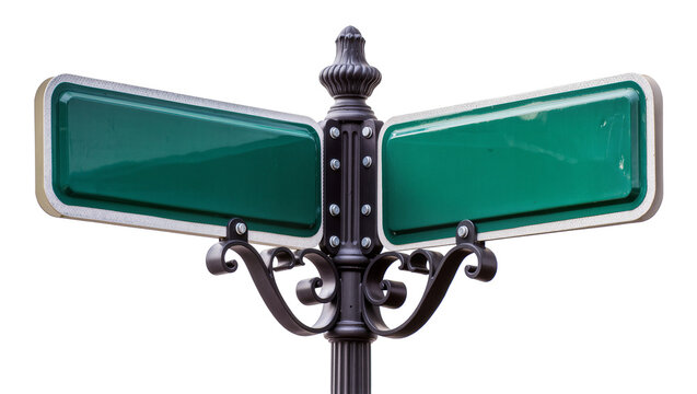 Ornate black metal post with two green blank street signs, isolated on transparent background