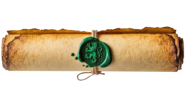Rolled parchment scroll tied with twine and sealed with a green wax stamp featuring a lion emblem, isolated on transparent background