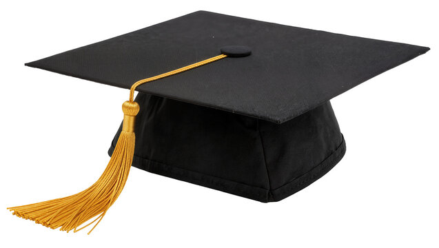Black graduation cap with golden tassel, isolated on transparent background