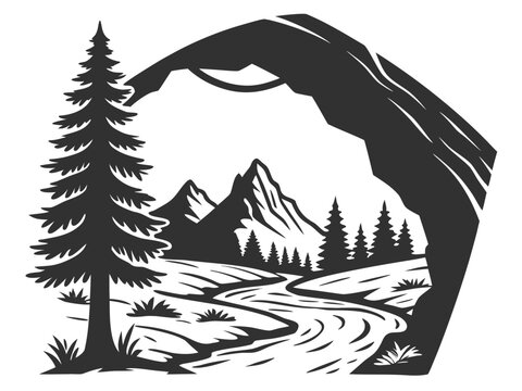 unique outdoor badge showing a natural mountain arch framing a distant peak, a winding river flowing through the valley, and two minimalist pine trees. Use solid black silhouettes with carefully carve