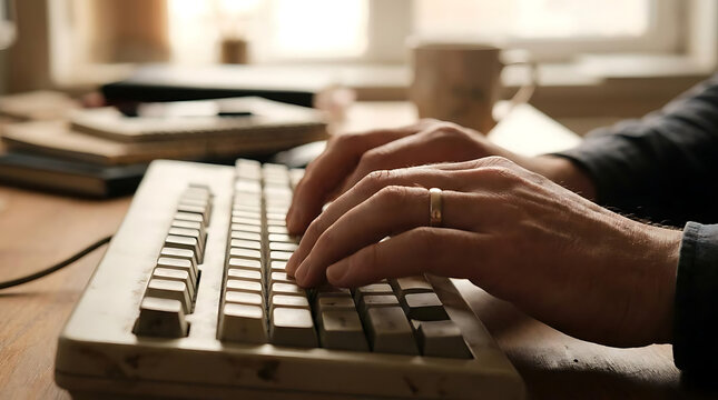 Hands typing on vintage mechanical computer keyboard.