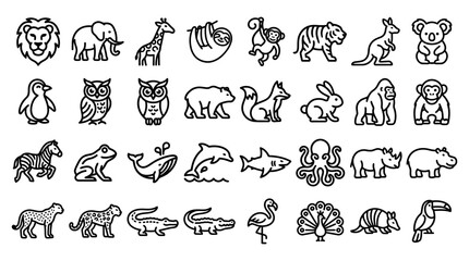Obraz premium Collection of wild animals line icons including mammals birds and aquatic creatures with wildlife creature collection