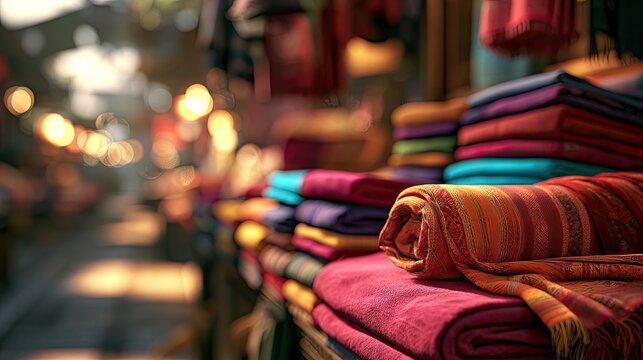 Colorful textiles piled and rolled at a market stall with warm lighting and soft bokeh effects