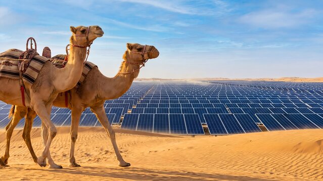 Two camels walking in desert sand dunes beside large solar panel farm under blue sky renewable energy concept for sustainable power and clean electricity generation in arid landscape