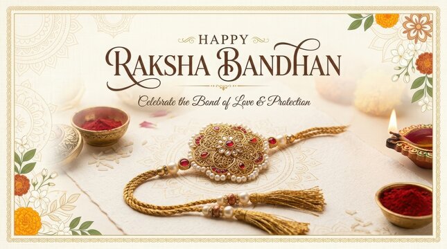 Happy raksha bandhan greeting with red stone gold rakhi diya oil lamp and sindoor on light textured paper background art.
