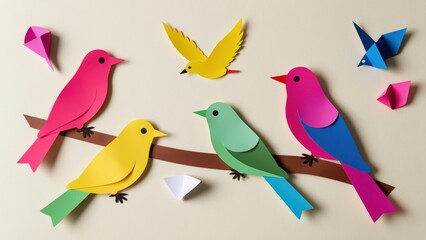 Naklejka premium Colorful paper bird craft decoration with various bright hues and simple shapes on a plain background, ideal for creative, festive, or educational displays