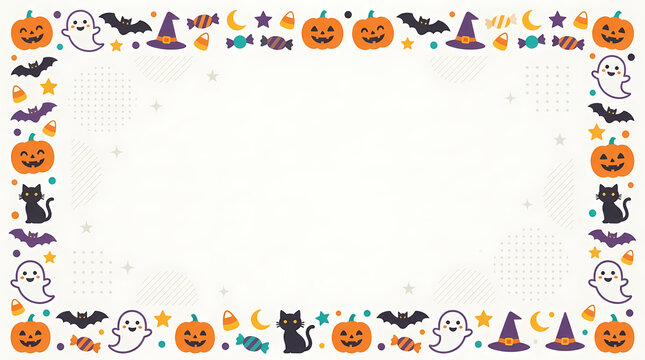 Colorful Halloween border with pumpkins and ghosts.