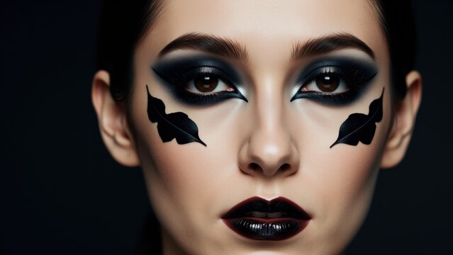 Close-up portrait of a woman with dark dramatic makeup featuring black eye shadow and lipstick, and artistic black leaf designs on her face, on a dark background