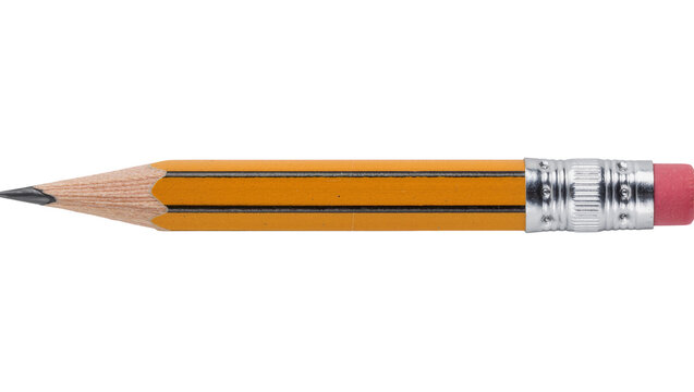 Sharpened yellow graphite pencil with pink eraser and metal ferrule, isolated on transparent background