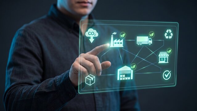 Man touching interface with connected factory truck warehouse and recycle icons green supply chain concept for sustainable logistics carbon reduction and eco friendly distribution network