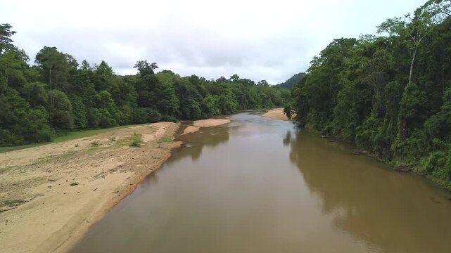 Drone rising above longboat on Sungai Tembeling revealing primary tropical rainforest, Al-Sultan Abdullah Royal Tiger Reserve, Pahang, Malaysia
