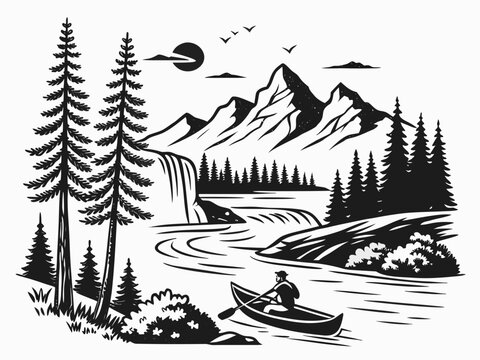 unique wilderness badges combining calm mountain lakes, reflected peaks, pine trees, waterfalls, canoe silhouettes, sunrise arcs, and natural trail markers. Use a sophisticated black-and-white vector 