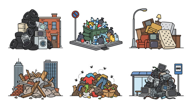 Collection of various garbage piles and waste disposal scenes in a flat vector illustration style.