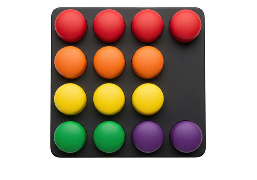 A grid of colorful, rounded push buttons arranged in rows on a dark grey square panel, featuring red, orange, yellow, green, and purple spheres against a black background