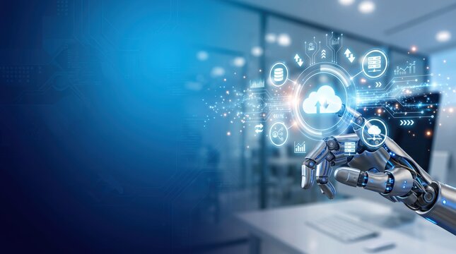 Robotic hand interacting with cloud computing holographic interface, artificial intelligence technology for digital transformation and automated systems in futuristic smart office
