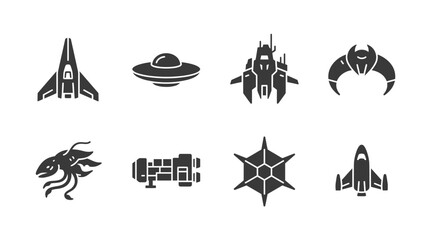 Fototapeta premium Set of black and white icons representing various futuristic spaceships and science fiction spacecraft designs.