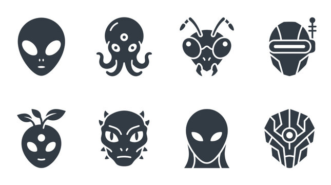 Set of various science fiction alien and futuristic robot character icons.
