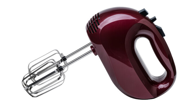 Shiny metallic red electric hand mixer with chrome beaters, isolated on transparent background