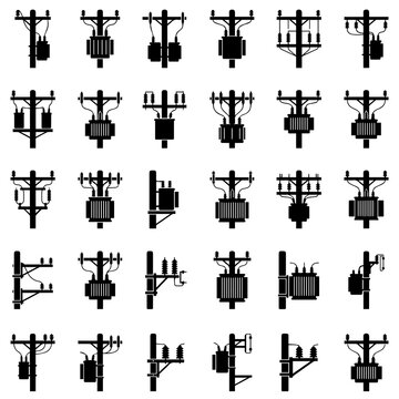 Array of black silhouette showing different types of electrical utility poles, power transformers, and power distribution equipment