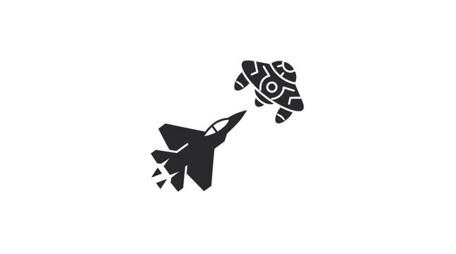 Black silhouette icon of a military fighter jet chasing an unidentified flying object.