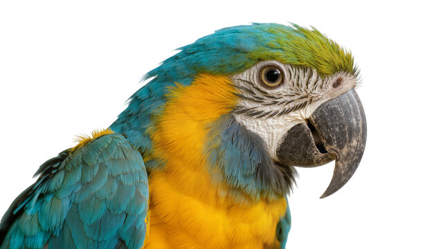 Blue and yellow macaw parrot head detail, isolated on transparent background