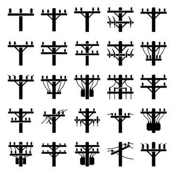 Set of twenty-five black and white depicting various utility poles, power lines, and electrical infrastructure on a white background