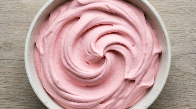 Pink Cosmetic Cream Texture in White Bowl on Wood Surface, Top View, Swirling Pattern, Cosmetics, Beauty, Skincare, Product Close Up