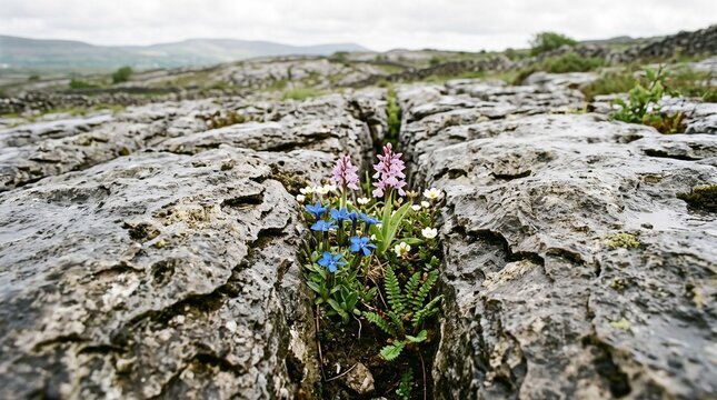 Wildflowers growing from a crack in the Burren limestone pavement