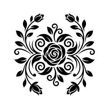 Symmetrical black and white floral featuring a central rose surrounded by scrolling leaves and four small flower buds