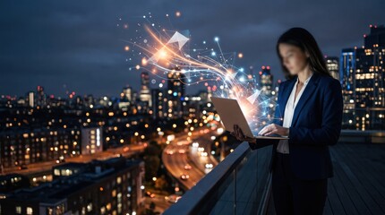 Fototapeta premium Businesswoman working on laptop at night with city skyline in the background, surrounded by digital data streams and network connections symbolizing technology and innovation.
