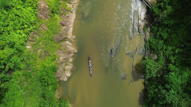 Top-down drone following longboat along Sungai Tembeling through primary tropical rainforest, Al-Sultan Abdullah Royal Tiger Reserve, Pahang, Malaysia