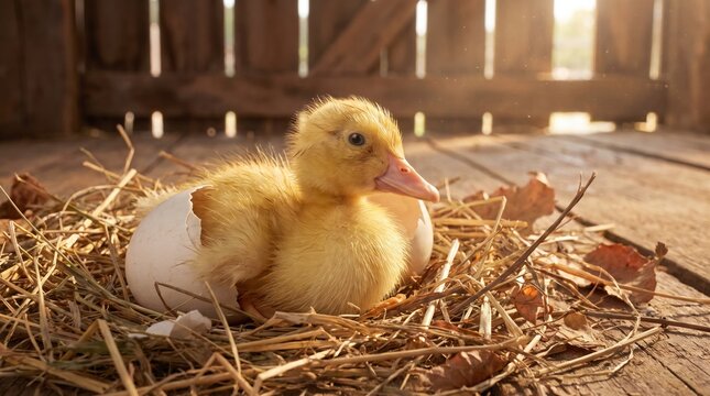 Cute yellow duckling hatched from egg in straw nest