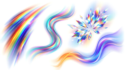 Fototapeta premium Abstract holographic rainbow color brush strokes and crystal shape design elements