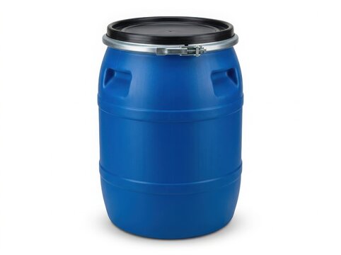 Large blue plastic storage barrel with a black lid and metal locking clamp for industrial chemical or food supply transport isolated on white background , png