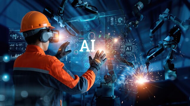 Engineer using VR headset to control AI robots in factory, industry 4.0, artificial intelligence in manufacturing, virtual reality training, smart production line