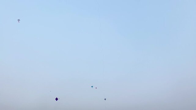 Kites flying in sky, traditional paper kites soaring high during a festival, clear open blue sky, South Asia, daytime, low angle static shot, outdoor location.