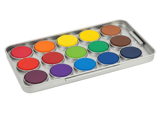 A rectangular metal watercolor paint set containing fifteen circular pans of vibrant, solid pigment colors arranged in a grid against a solid black background