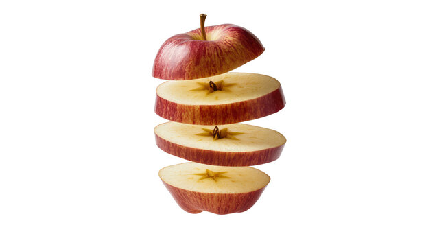 Red apple sliced into four pieces, isolated on transparent background