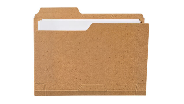 Brown cardboard file folder with white paper sheets, isolated on transparent background