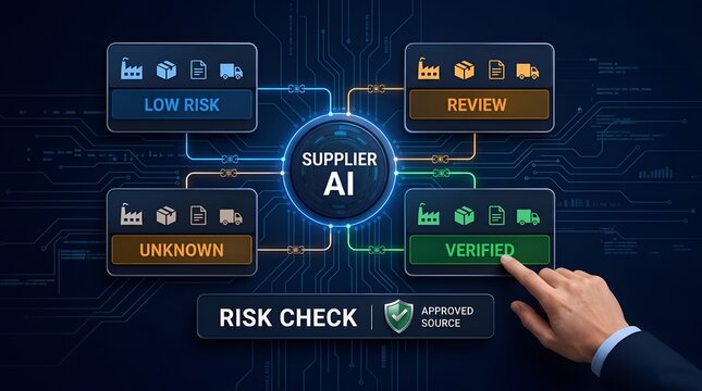 Supplier AI risk assessment dashboard featuring automated vendor verification flow and supply chain compliance management interface.