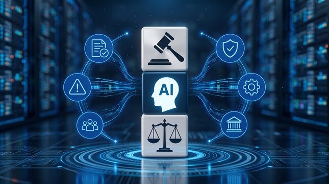 Artificial intelligence legal compliance concept with glowing 3d icons representing AI ethics regulation and corporate governance in a modern server room.