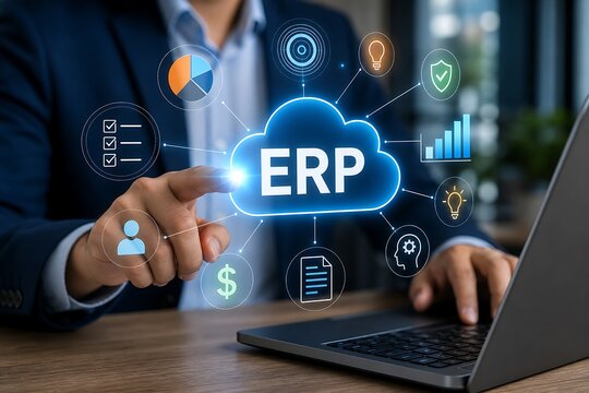 Business professional interacting with erp cloud system on laptop in modern office