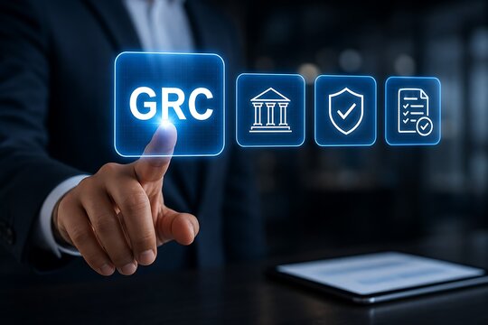 Business professional interacting with grc governance risk compliance digital interface