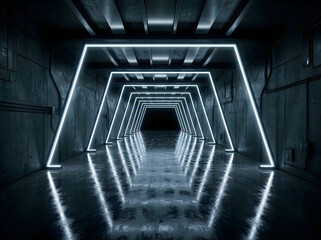 Naklejka premium Futuristic dark tunnel with glowing white neon light frames and reflective floor