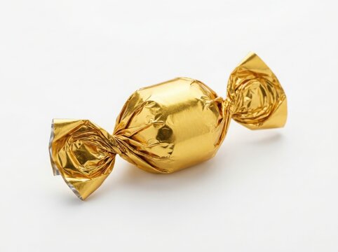 A single piece of delicious chocolate candy wrapped in shiny gold foil paper for a premium gift or holiday festive treat isolated on white background , png