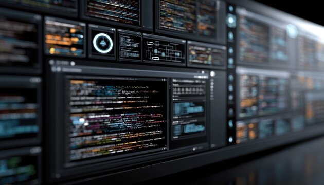 Computer screen displaying complex programming code interface with terminal windows and data visualizations
