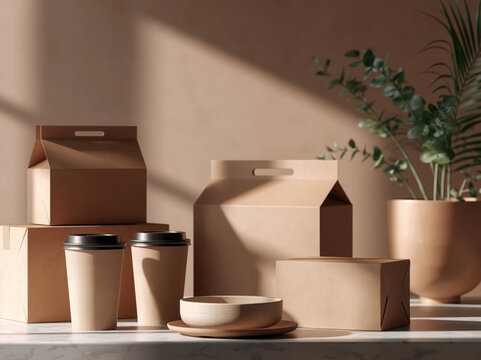 Brown recycled cardboard food packaging design, street food delivery set with cups and boxes, eco-conscious branding concept, natural lighting, premium studio 3D rendering, realistic shadows