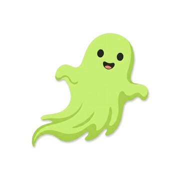 Cute cartoon ghost floating with friendly smile. Playful Halloween mascot character for kids party decor and festive designs.