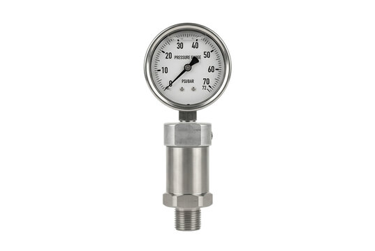 Stainless steel pressure gauge with dial and connector.